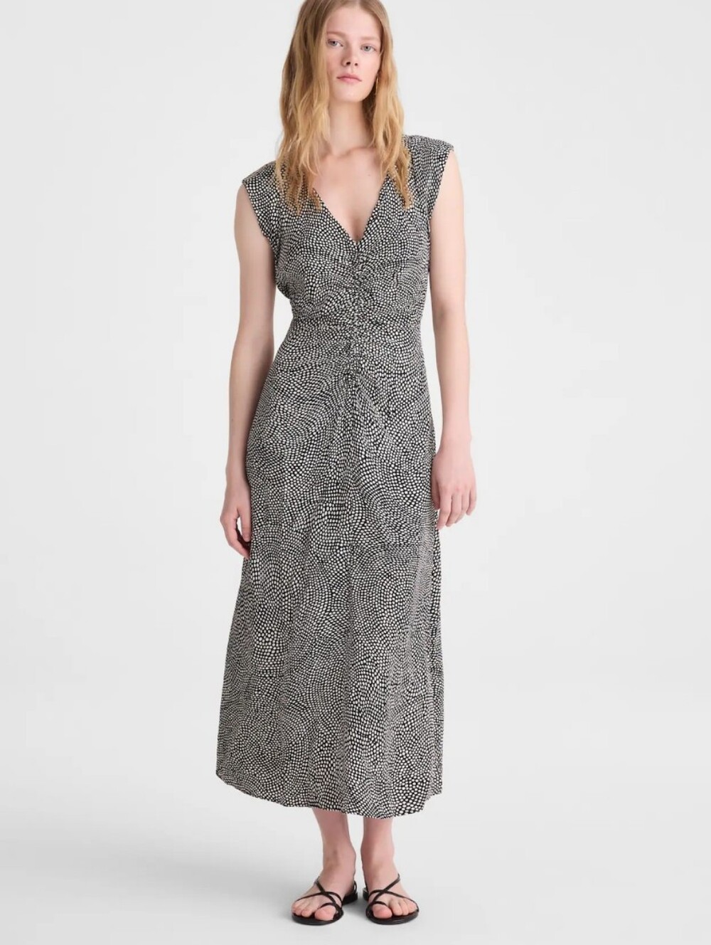 Madewell Ruched Flutter-Sleeve Midi Dress OA367 Size 6 Black And White